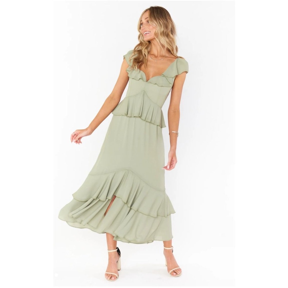 Show Me Your Mumu Reese Ruffle Maxi Dress Moss Green Crisp Small Wedding Guest
